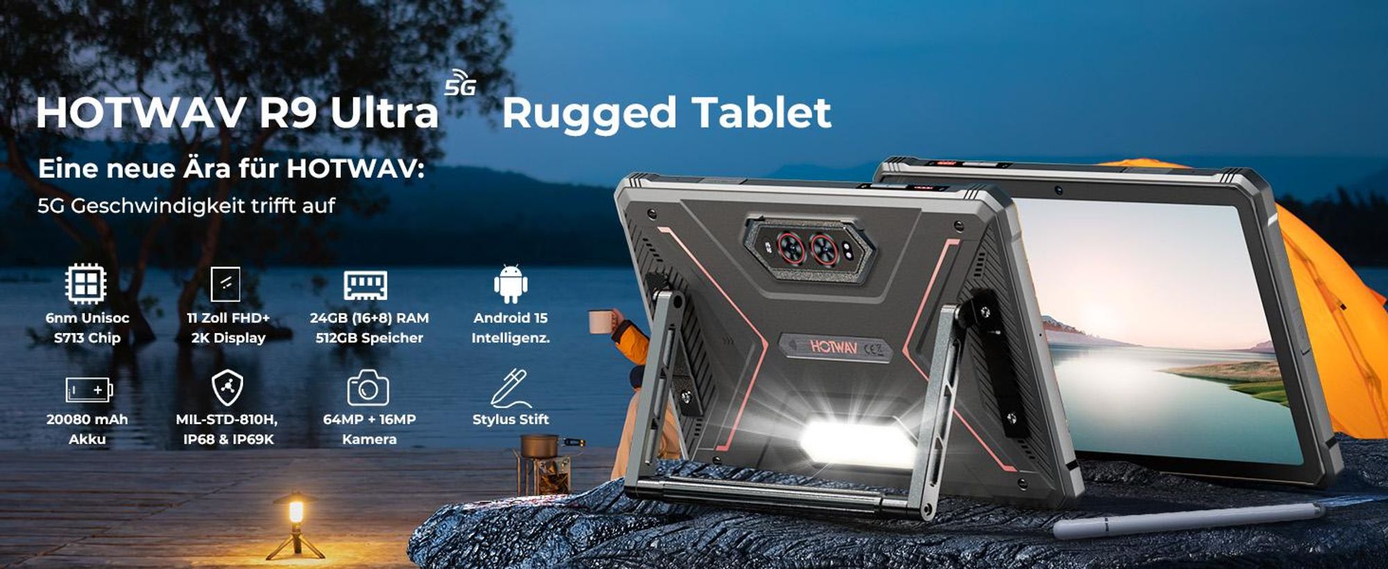 HOTWAV R9 Ultra 5G Outdoor Tablet, 20080mAh Wasserdicht Tablet, Android 15, 11" 2K FHD+ Rugged Tablets 24GB+512GB,64MP IP68/ Dual SIM/5G WiFi/GPS/OTG