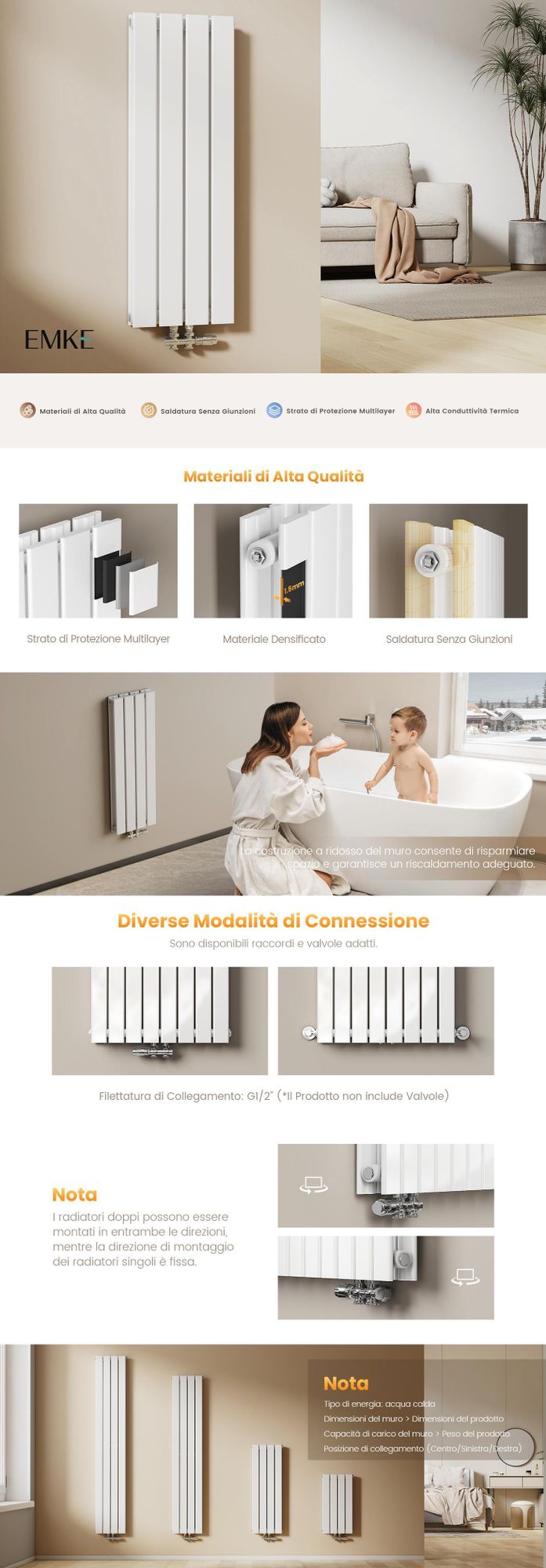 Radiatore EMKE Radiatore piatto di design Radiatore a pannello Verticale Doppio strato Attacco centrale 180x30cm 1082W Bianco senza barra riscaldante