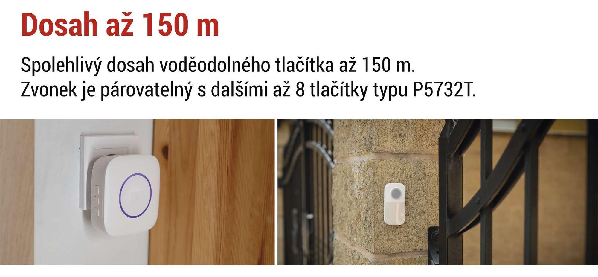 EMOS zvonek / sada s vodotěsným tlačítkem, 36 melodií, barevná signalizace, dosah 150 m, 90 dB, napájení do zásuvky/bateriové, bílý, P5737