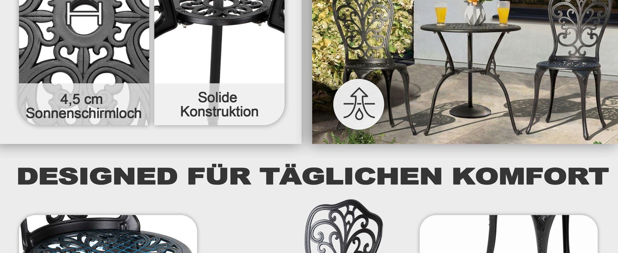 Avestar 3-teiliges Bistro Set aus Aluminiumguss, Gartenmöbel Set, Balkonmöbel, runder Bistrotisch mit 2 Gartenstühlen, Schwarz