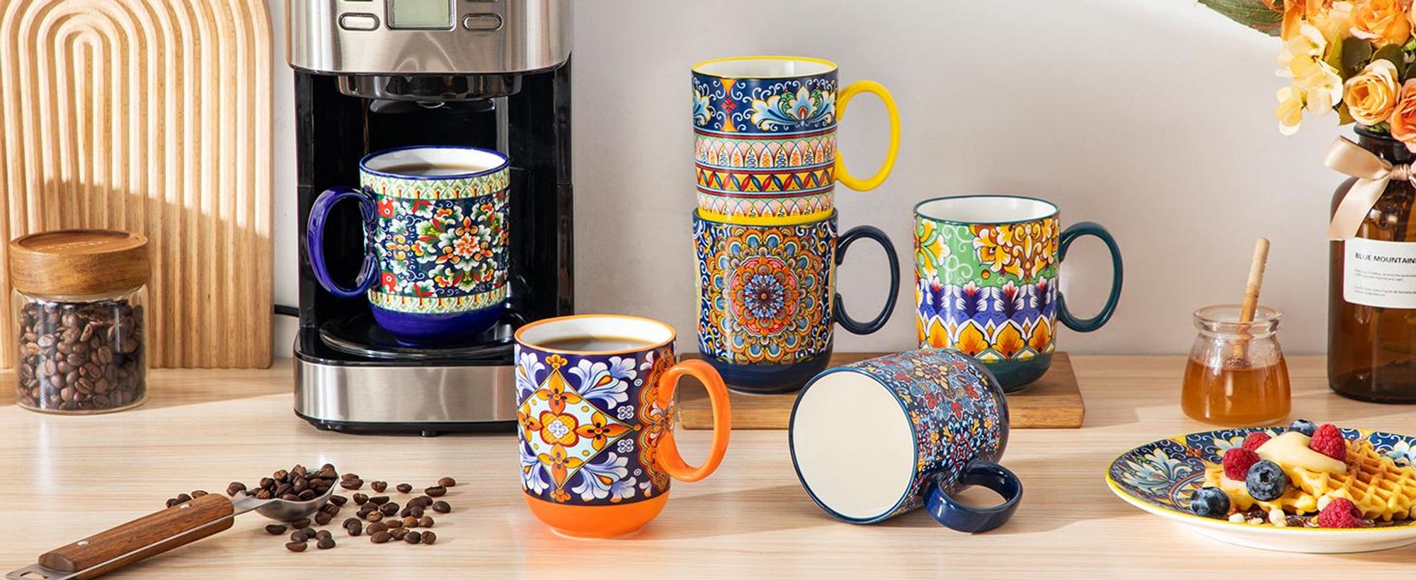 Vancasso Porzellan Becher, 6-St Trinkbecher, Kaffeetassen, Teetassen für 6 Personen, böhmischer Stil