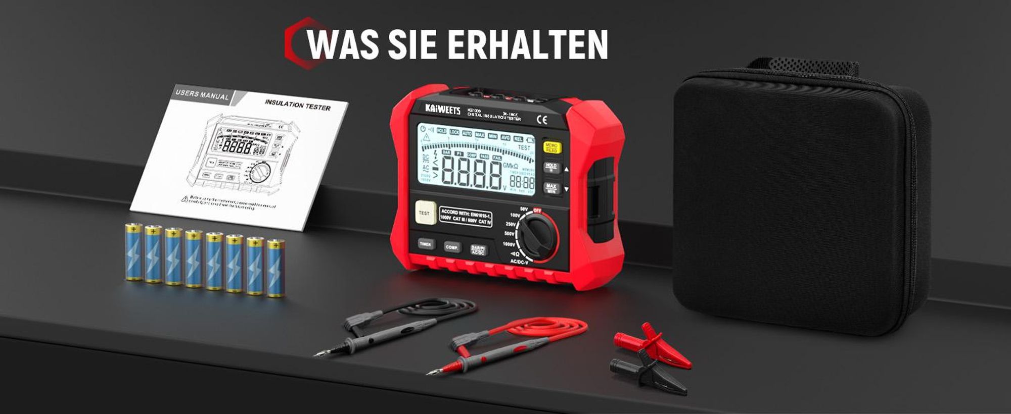 KAIWEETS KE1000 Megohmetro Tester Resistenza Isolamento 100GΩ 1000V