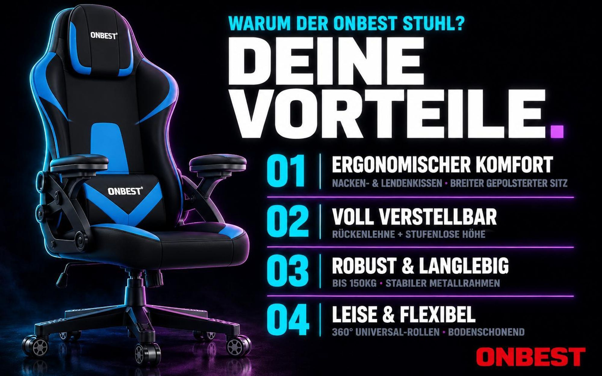 ONBEST Gaming Stuhl | Ergonomisch | mit Lordosenkissen | 150 kg | 360° | verstellbare Armlehnen Kopfstütze Rückenlehne