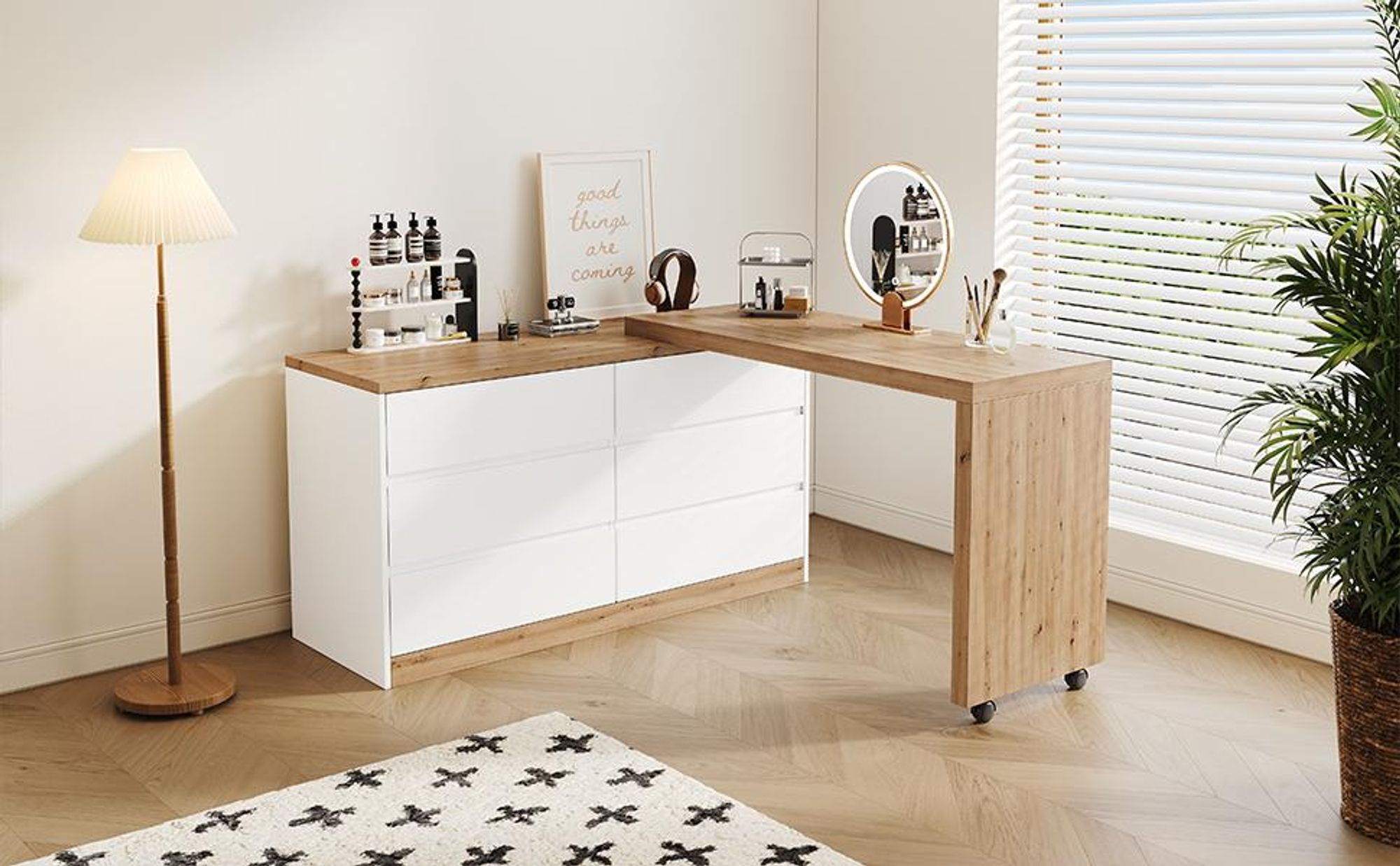 Merax 2-in-1 Eckschreibtisch mit 6 Schubladen auf feststellbaren Rollen, Drehbarer Schreibtisch, Sideboard, Computertisch, Bürotisch, Weiß+Natur