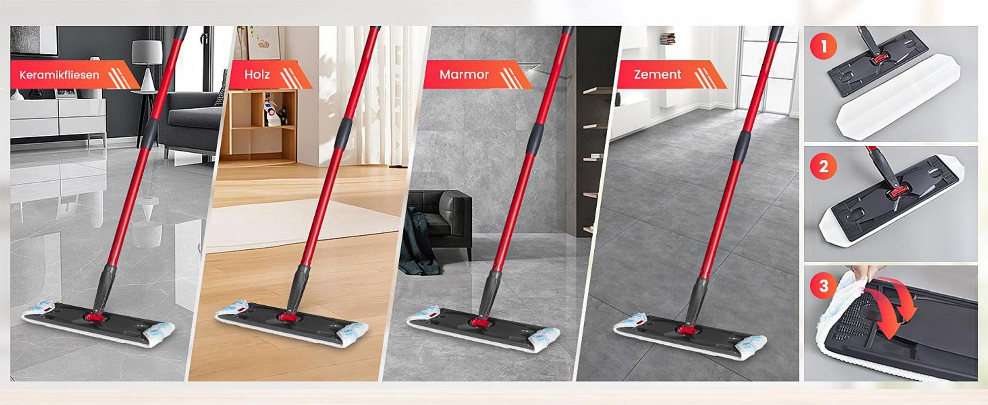 4 Stück Wischmopp Ersatzbezug für Vileda H2PrO Bodenwischer, Mikrofaser Wischpads Ersatz für O-Cedar H2prO Flacher, Wiederverwendbar, Boden Reinigen