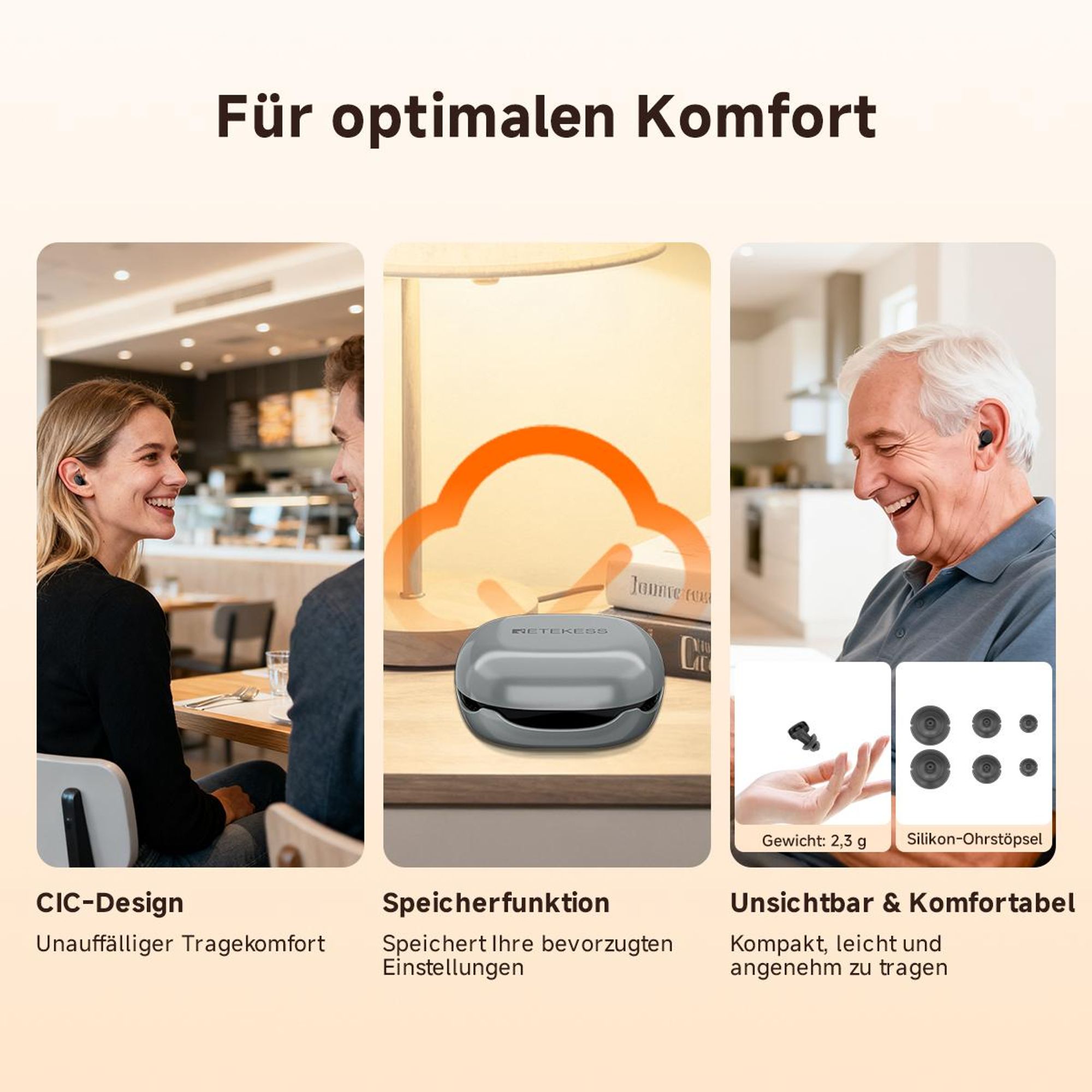 Retekess TE103 Hörgeräte für Senioren, Hörhilfen, 40 dB + 3 dB, 16-Kanal-Audioverarbeitung, 20 Stunden Dauerbetrieb, multifunktionalen Ladecase