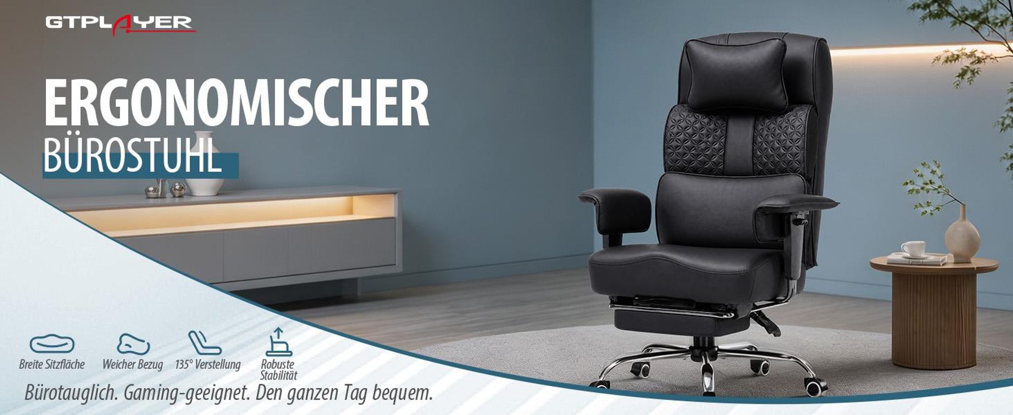 Chaise de gaming GTPLAYER, chaise de bureau ergonomique avec repose-tête réglable, support lombaire large, assise de 54 cm de largeur, inclinable de 90° à 150°, capacité de charge de 180 kg