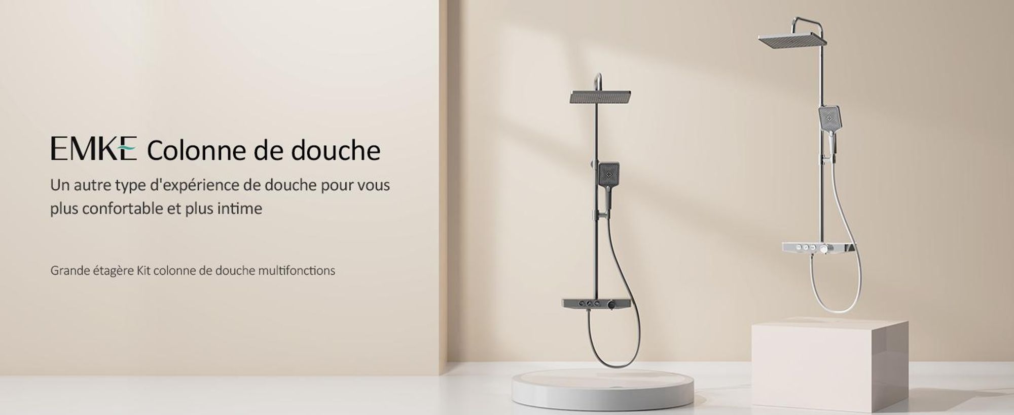 EMKE Système de douche avec thermostat tablette en verre douchette à main 3 jets douche à effet pluie, robinetterie de salle de bains & douche, montage mural, KTW, chrome - F09