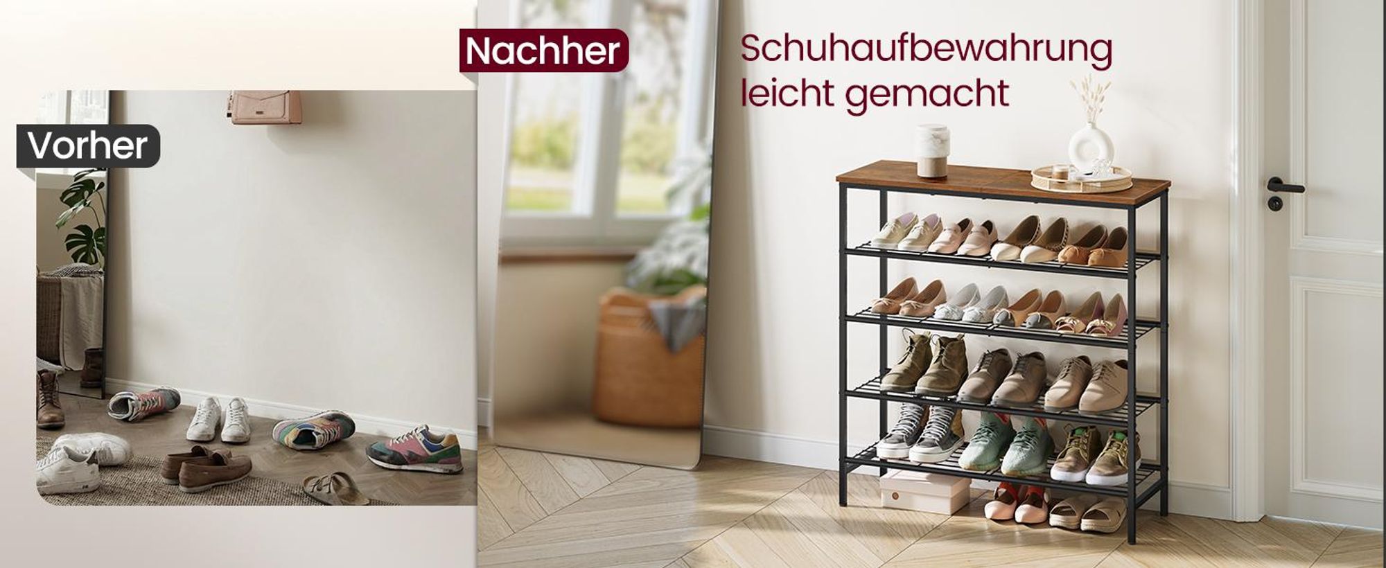 VASAGLE Schuhbank, Schuhaufbewahrung, Schuhregal, Metallrahmen, 5 Ebenen, für bis zu 18-24 Paar Schuhe, braun-schwarz