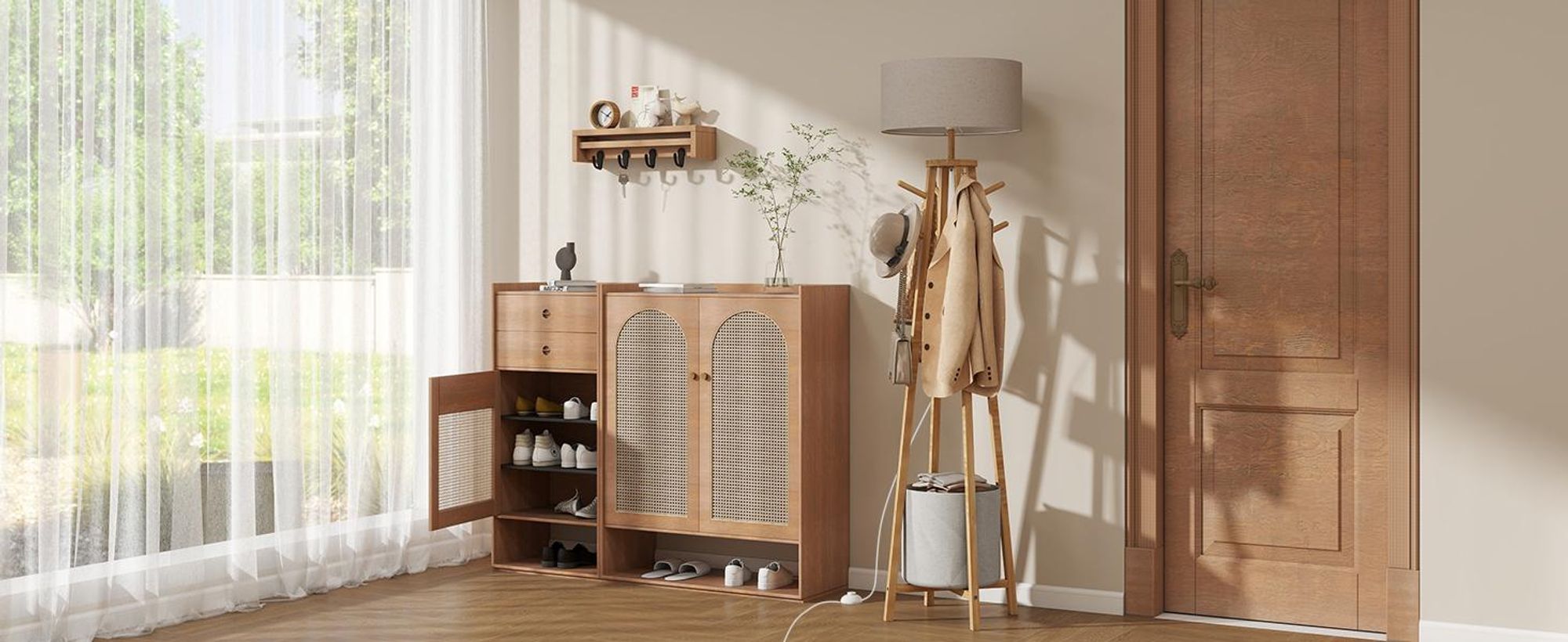Puluomis Stehlampe mit Garderoben-Ständer 176cm, 8 Haken & Stauraum, Leinen Lampenschirm E27 Fassung, Fußschalter, Für Wohnzimmer beige