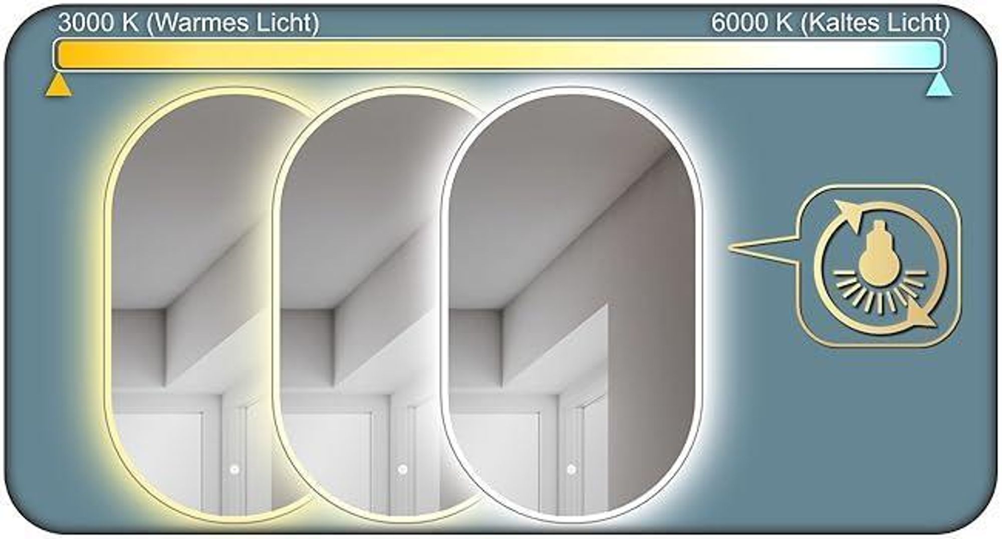 HOKO Badspiegel LED Wandspiegel 50x90 cm Oval+Rahmen+Warmweiß-Kaltweiß-Neutral 2700-6500K. Licht mit Touch Schalter/Wandschalter einschaltbar. Palermo