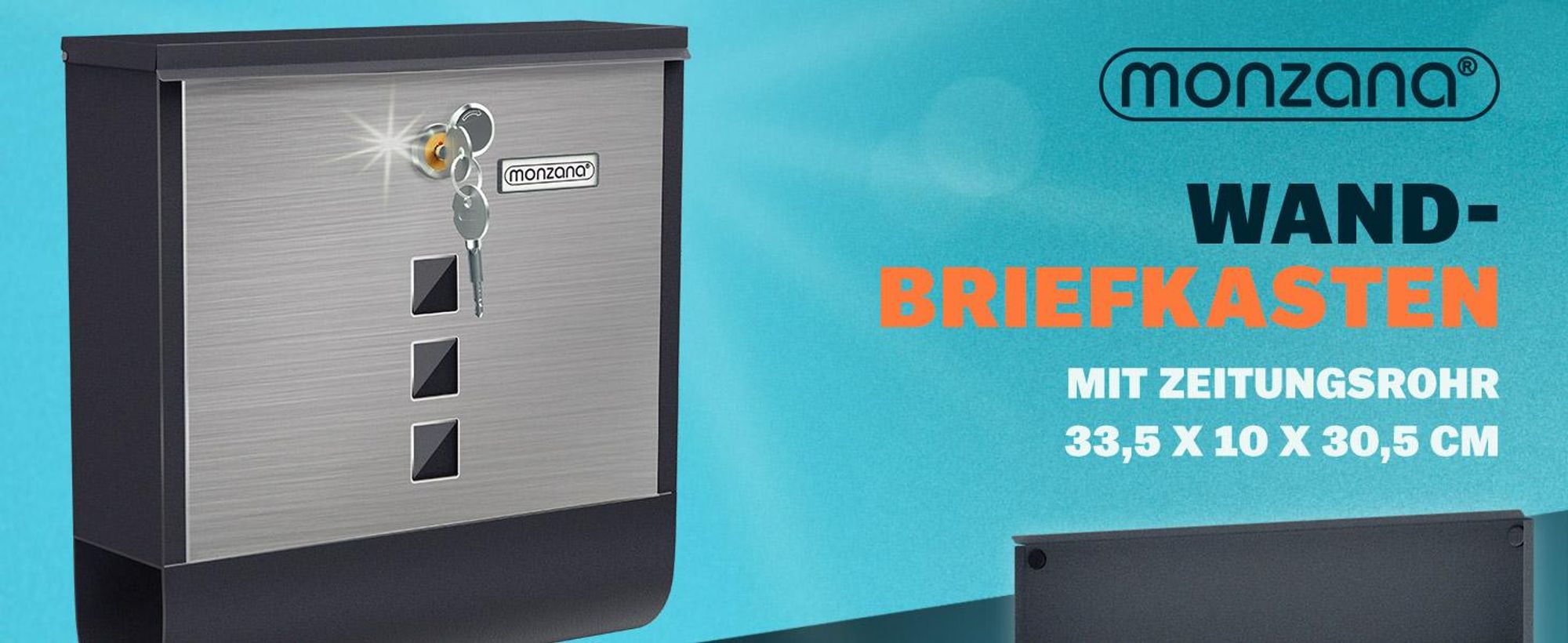 MONZANA® Briefkasten Kreuzschloss mit Kupfer-Schließzylinder drehbare Abdeckung 31x10x34 cm Sichtfenster Namensschild Zeitungsfach legierter Stahl 2 Schlüssel Postkasten Schwarz-Silber