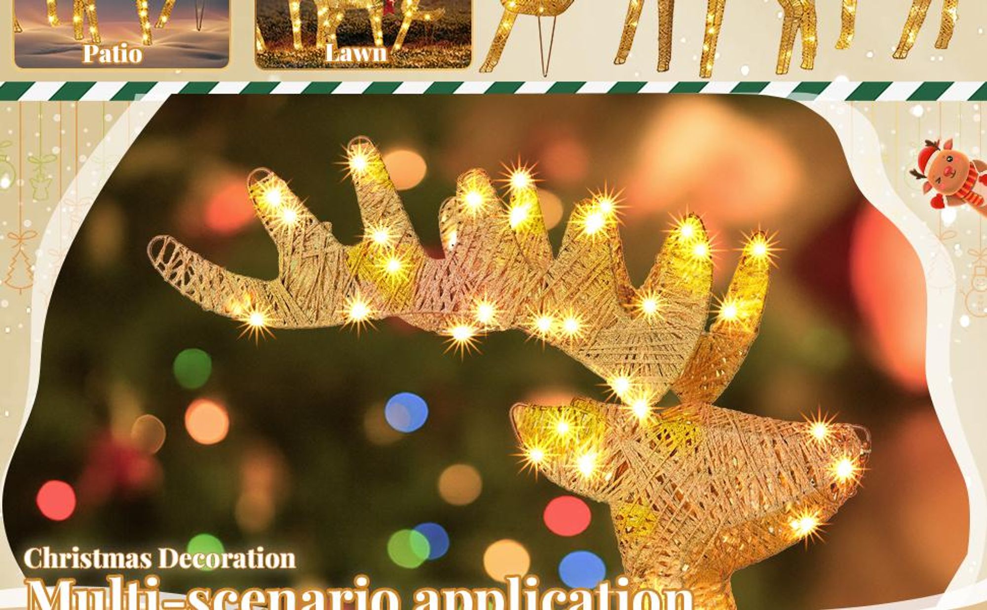 LEADZM 3-teiliges Weihnachtsbeleuchtung Rentier Goldenes, mit 270 LEDs, Weihnachten Deko für Außen und Innen, 65cm/88cm/120cm