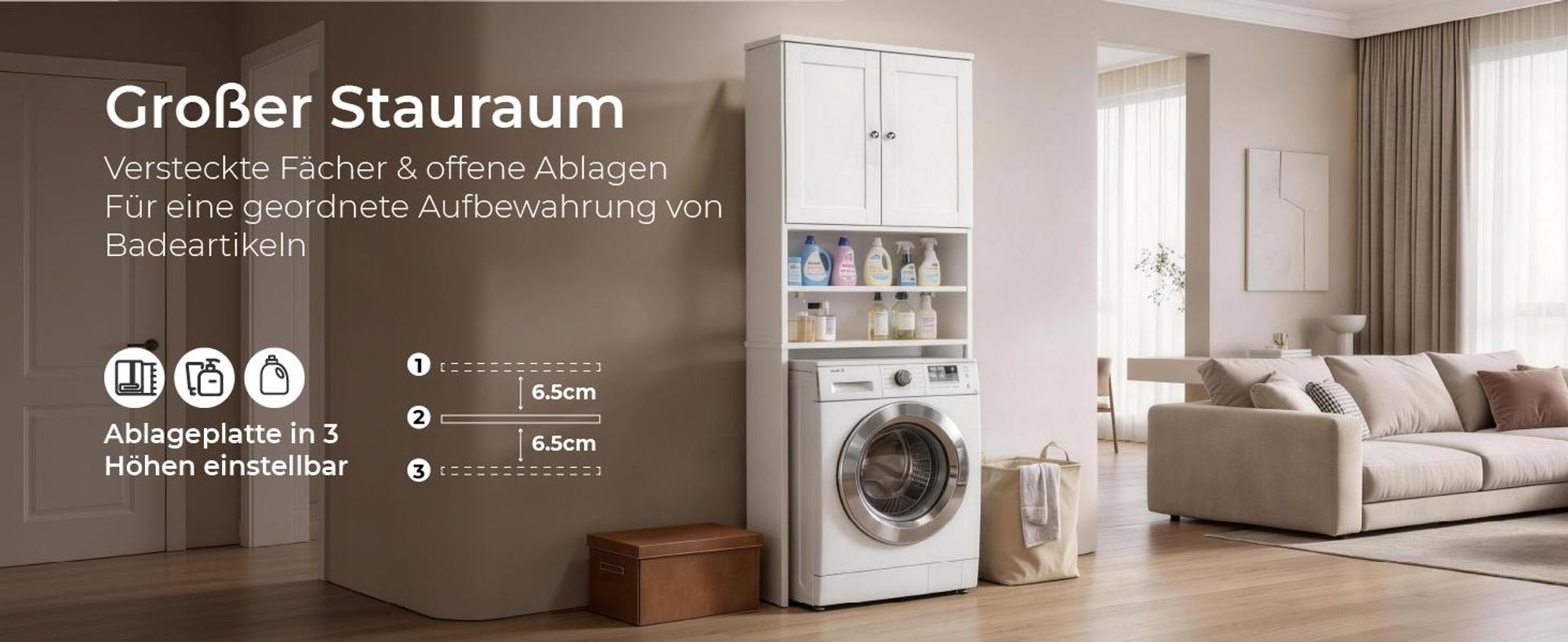 FCH Waschmaschinenschrank, Toilettenschrank mit 2 Türen, 2 Verstellbarer Ablage, für Waschmaschine und WC, 64.6 x 26 x 190cm, Weiß