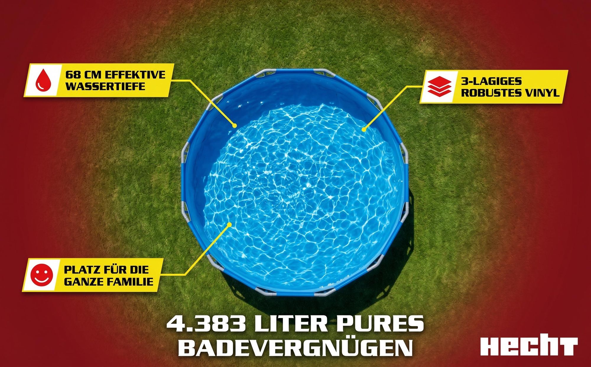HECHT 3476 Metall Frame Pool Gartenpool | ⌀ 300 cm | 76 cm Höhe | 4383 Liter | 0,3 mm Folie