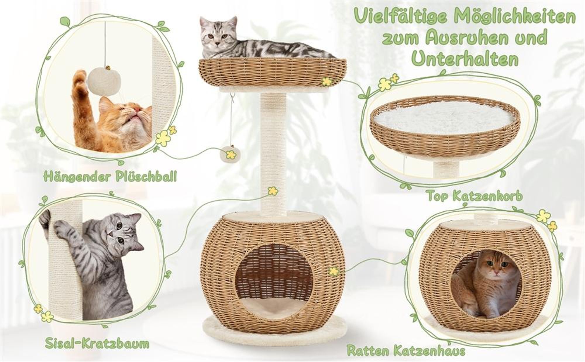 Yaheetech Kratzbaum 75 cm Katzenkratzbaum mit Katzenhöhle Plüschball Katzenkorb Ratten Kletterbaum für große Katze Stabiler Sisal Katzenmöbel Beige