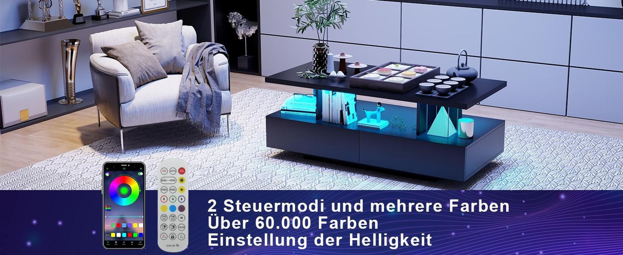 Puluomis Couchtisch mit Schublade, RGB Lichtleiste mit App Steuerung, Fernbedienung, Kaffeetisch Wohnzimmertisch Sofatisch für Wohnzimmer, schwarz