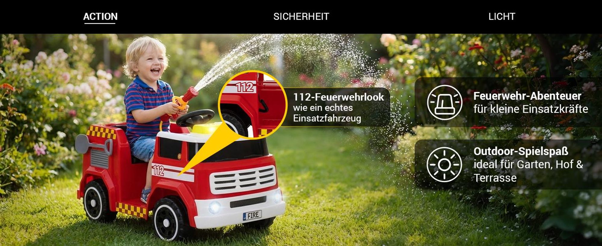 Actionbikes Motors Feuerwehrauto | Kinderauto - Elektroauto - Elektrofahrzeug -  2,4 Ghz Fernbedienung - Hupe, Motor- & Sirenen Sound - ab 3 Jahre