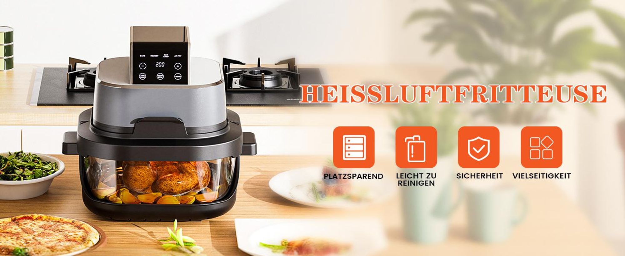 GTPLAYER Airfryer, Multifunktionale Heißluftfritteuse 4 Liter mit mit Easy-View-Fenster, Glasbehälter, Hi-Fry, automatische Abschaltung, digital