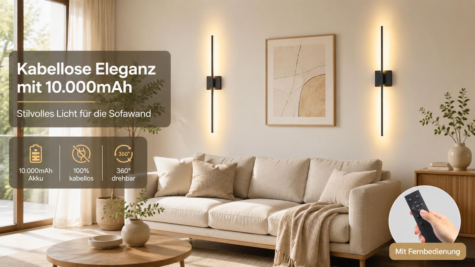 100cm Innen Akku Wandlampe mit Fernbedienung & Schalter, Kabellos Wandleuchte, Dimmbar, 360° schwenkbar, für Wohnzimmer/Schlafzimmer/Flur/Treppenhaus 2er Pack