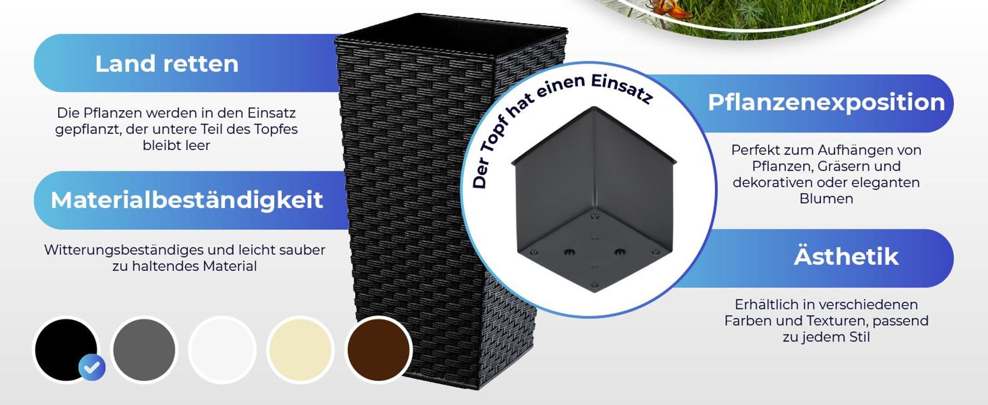 KADAX Blumentopf aus Kunstsoff "Pesaro", Blumenkübel, Pflanztopf, mit Einsatz, quadratisch, 40 cm, Schwarz