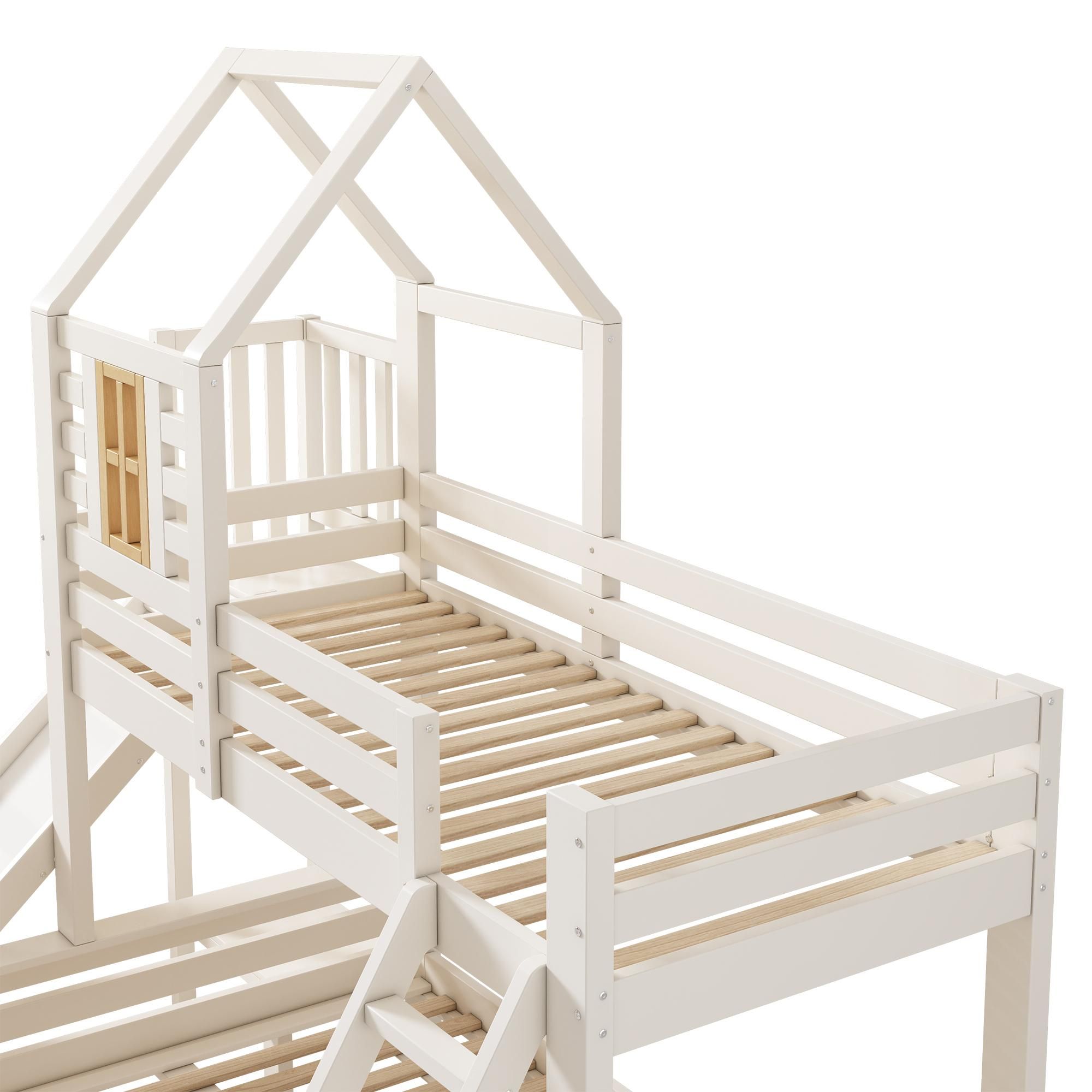 Flieks Etagenbett 90x200cm/140x200cm, Kinderbett Hausbett mit Rutsche, Hochbett mit Schublade, Stockbett Holzbett mit Lattenrost, Weiß