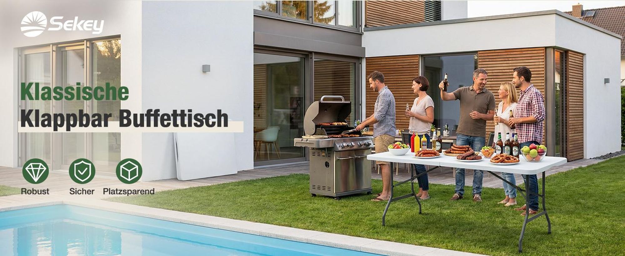 Sekey Buffettisch Klappbar Campingtisch Kunststoff mit Tragegriff, 152x70cm, Weiß
