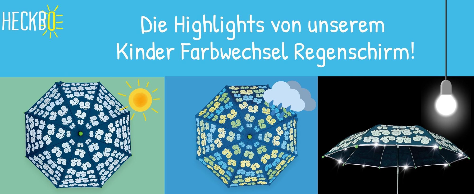 HECKBO Kinder Regenschirm Monster Truck – Farbwechsel bei Regen, reflektierend, Holzgriff, mit Namensschild