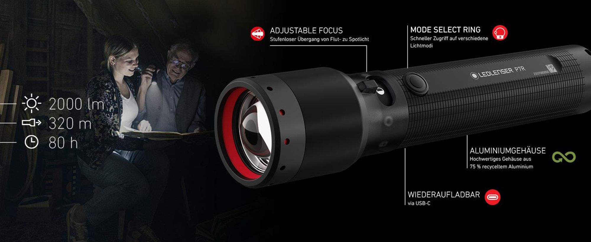 Ledlenser P7R Taschenlampe Schwarz, bis 2000 Lumen, bis 320m Leuchtweite, IP68, bis zu 80 Std Laufzeit, USB-C