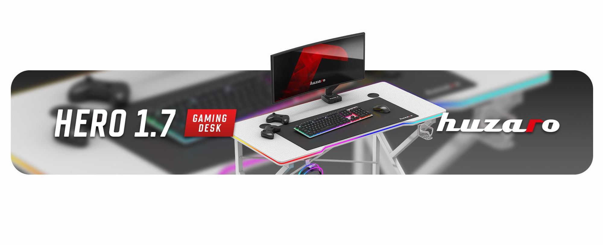 Huzaro Hero 1.7 | Gaming Schreibtisch LED Beleuchtung | 120x60cm | Kopfhörerhaken Getränkehalter | Kohlefaseroberfläche | Kabeldurchführung | Weiß