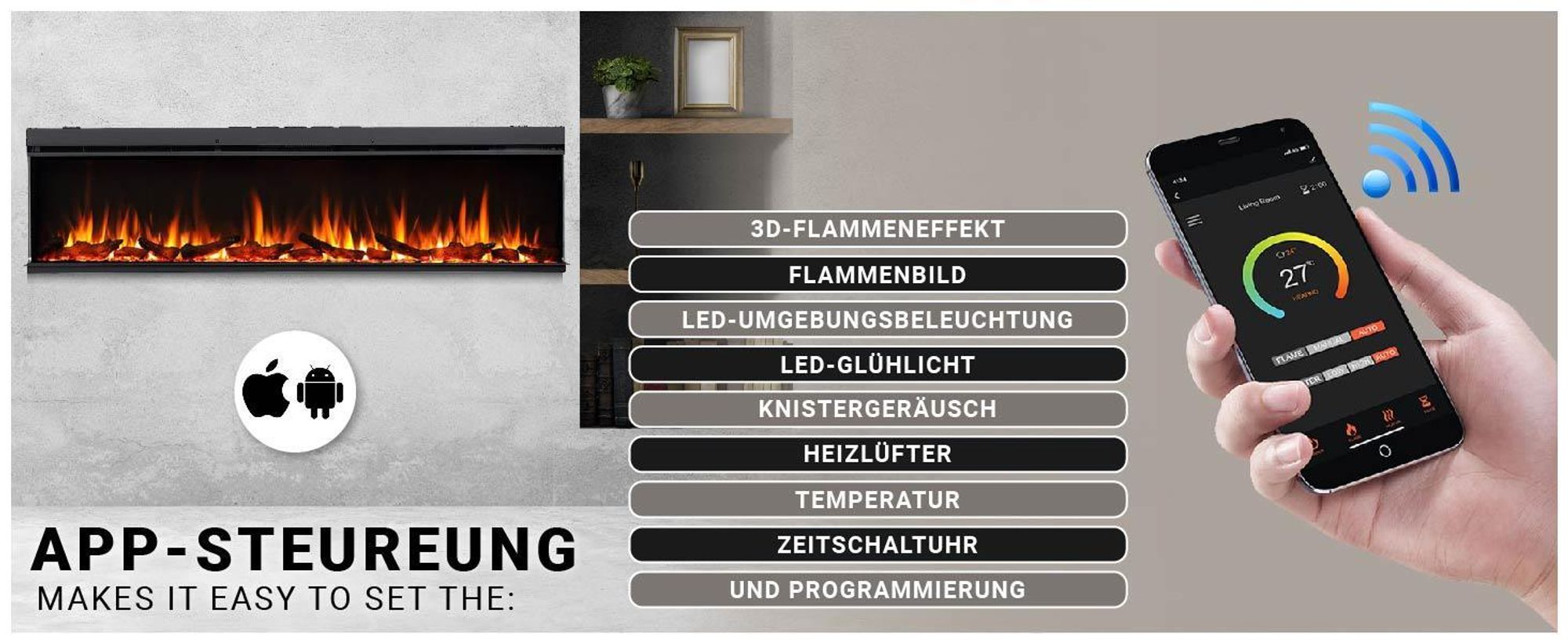 Elektrokamin Einbaukamin BALDERIA Athena 72 – Heizung bis 1500 W, schwarz