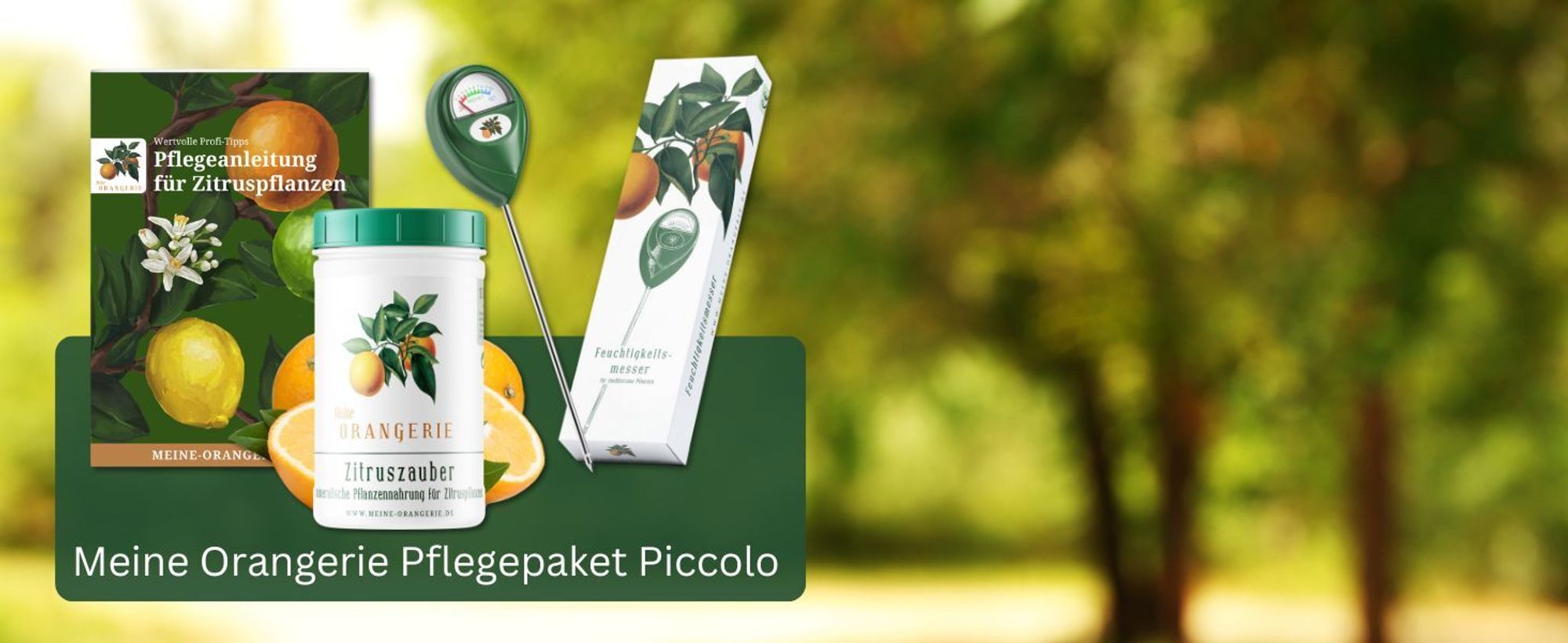 Meine Orangerie Zitrus-Pflegepaket Piccolo: Starker Zitrusdünger + nützlicher Feuchtigkeitsmesser + hilfreiche Pflegebroschüre