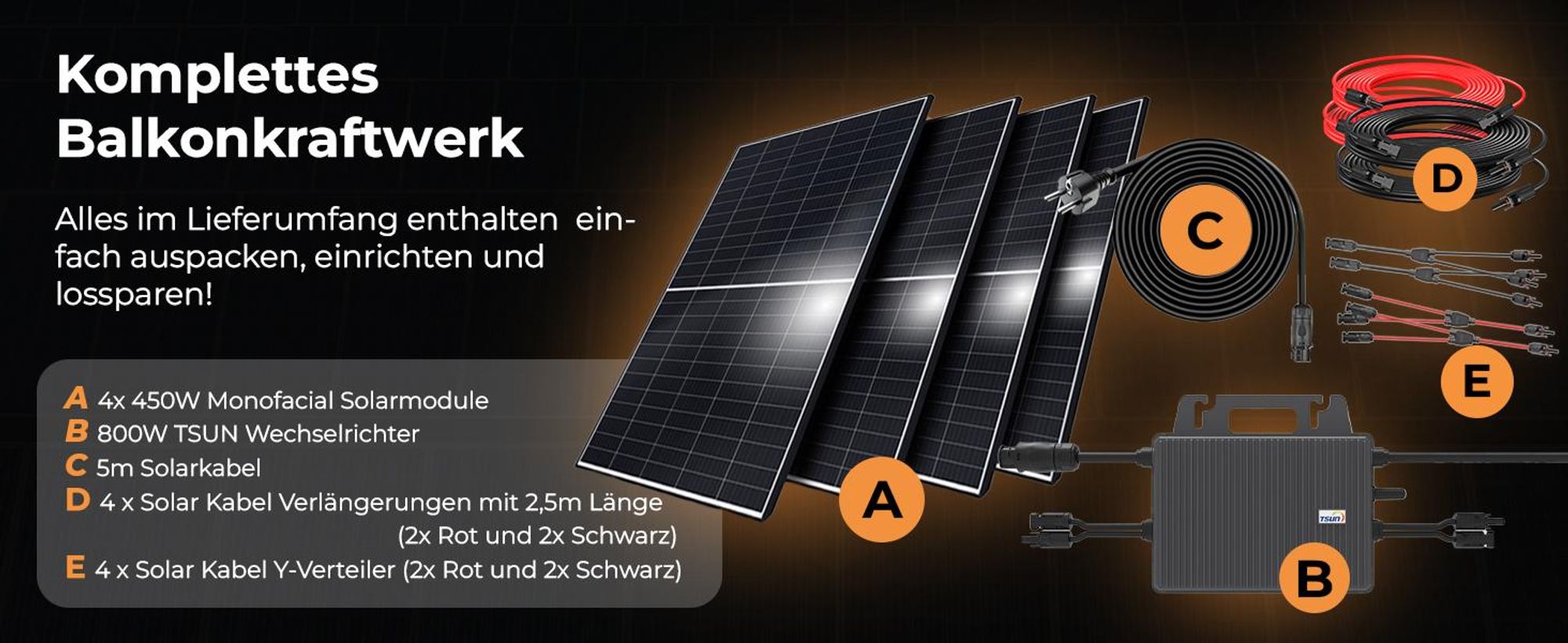 SUNNIVA® Balkonkraftwerk Black Frame 1800/800W Solaranlage mit TSUN Micro Wechselrichter, 5m Kabel, WiFi Bluetooth, drosselbar