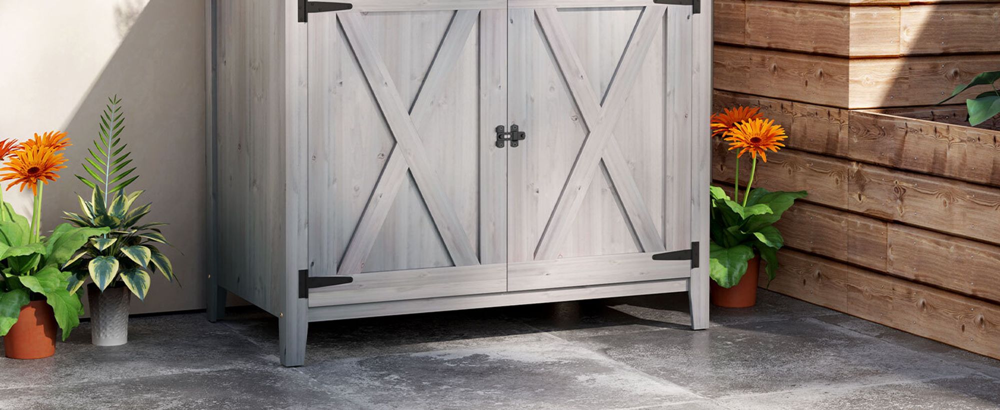 Outsunny Gartenschrank Holz, Geräteschuppen wetterfest 110x60x88,5cm, Gerätehaus