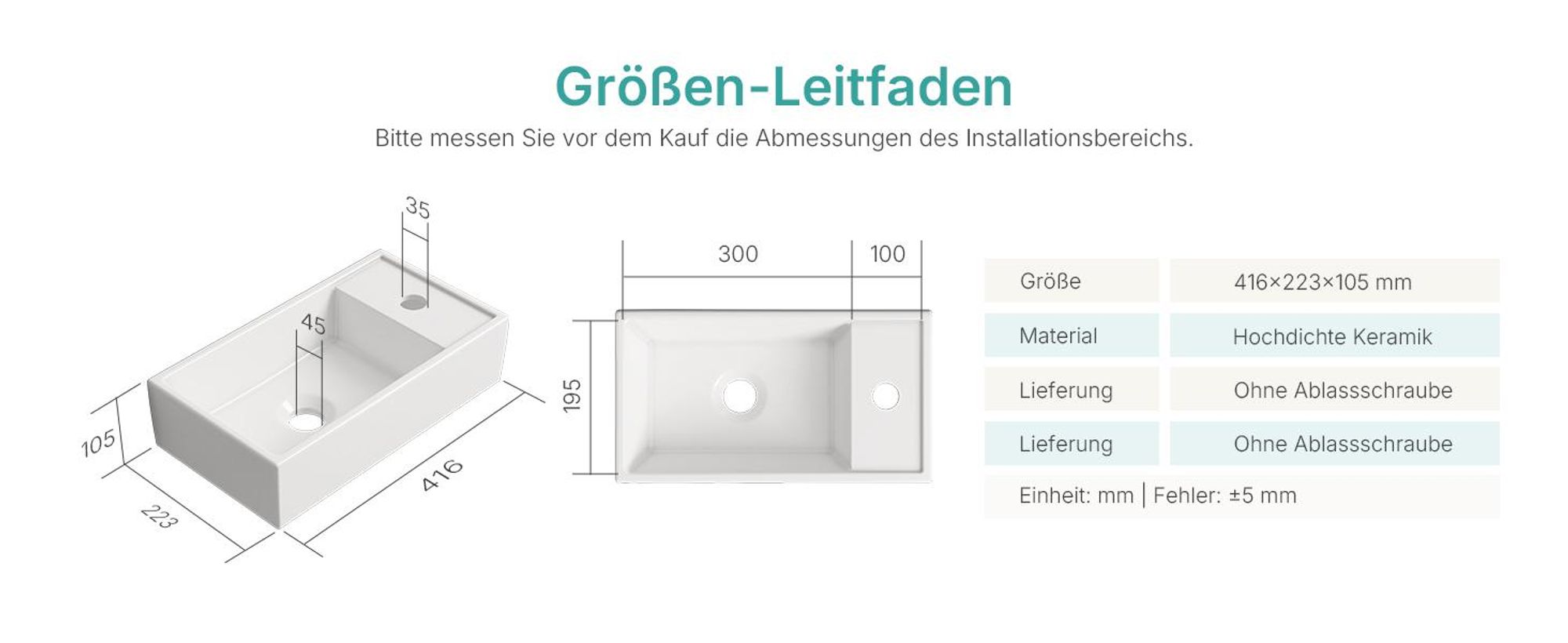 EMKE Aufsatzwaschbecken Keramik Rechteckig 410x220mm Weiß Glänzend mit Armaturloch, Modernes Design für Badezimmer & Gäste-WC