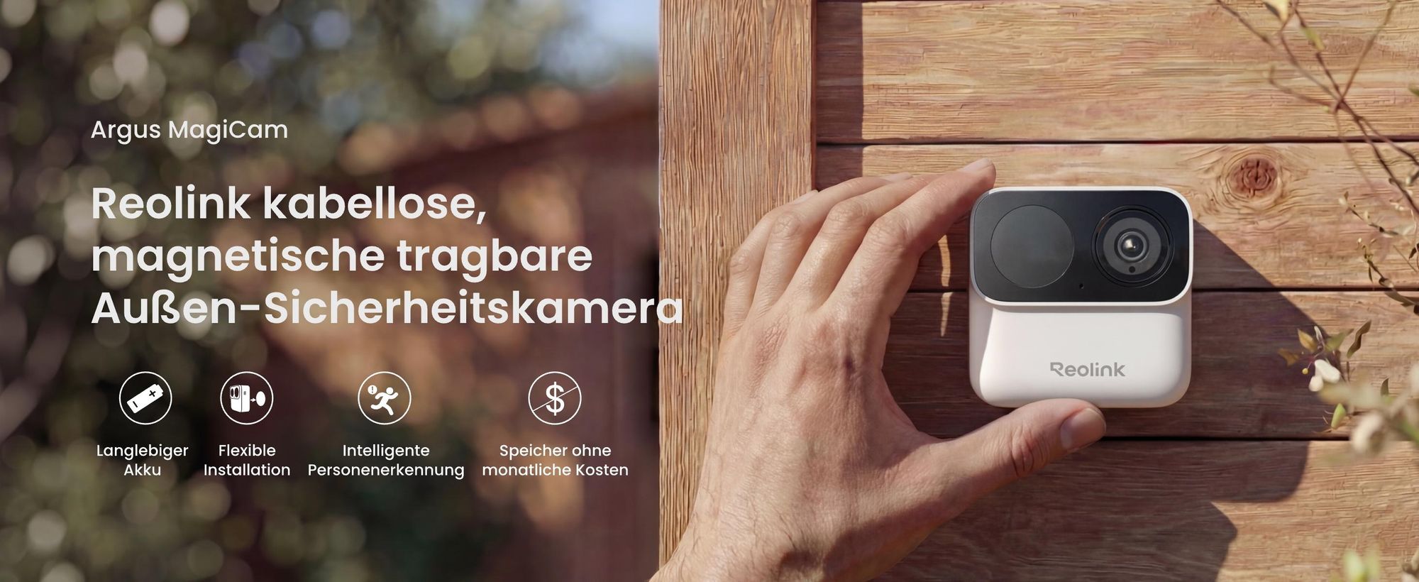 Reolink Argus MagiCam, 2MP 1080P Akku WLAN Überwachung Innen- & Außen, Magnetische Befestigung, Max. 9 Monate Batterielaufzeit, Intelligente Erkennung