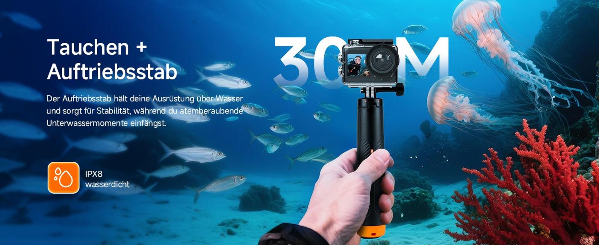 SVbony SVGO2 Action-Kamera 4K/30 fps IPX8 wasserdicht, mit Auftriebsstange, 2,0-Zoll-LCD-Touchscreen, für Tauchen, Radfahren, Surfen, Skifahren
