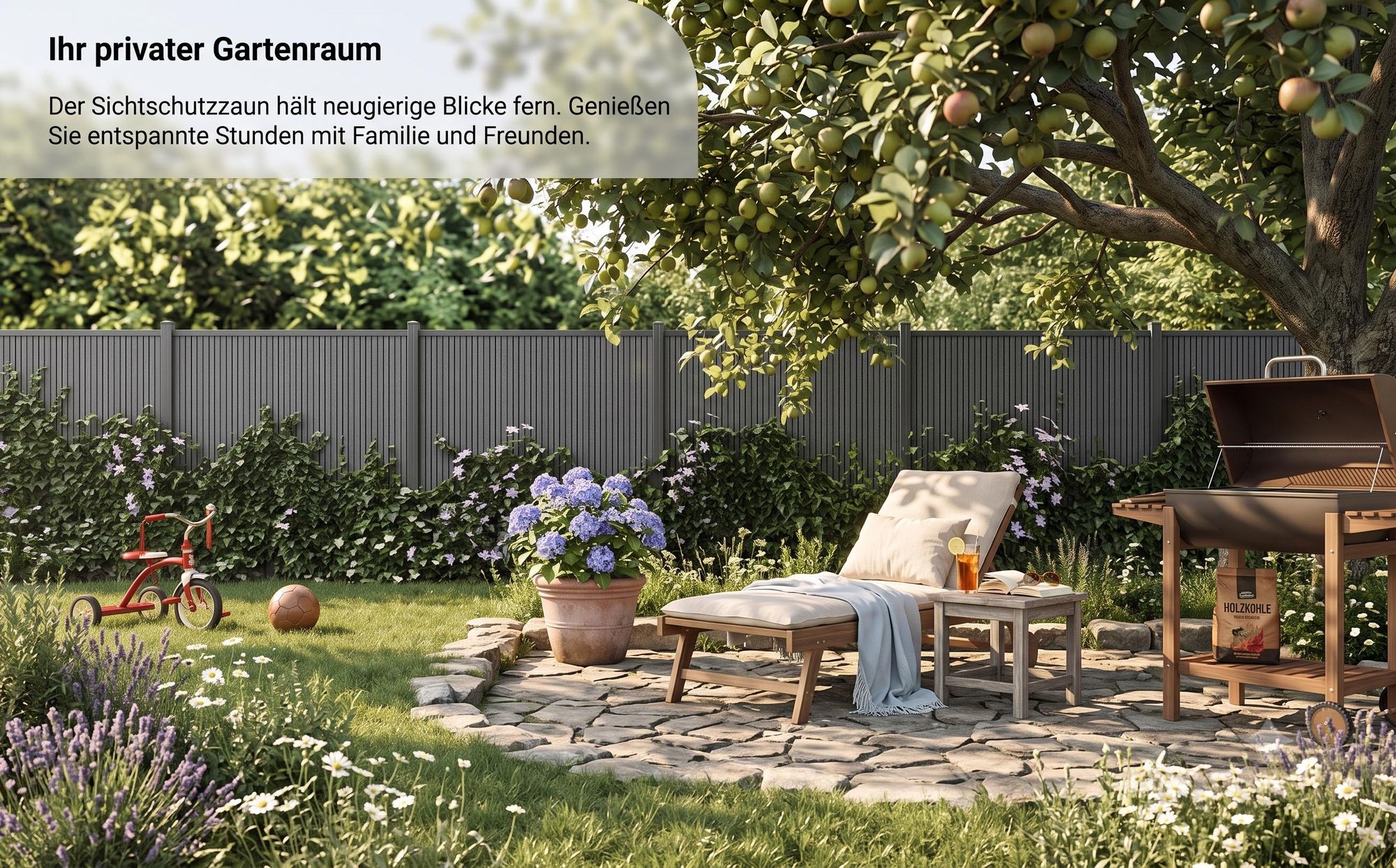 MinteChill WPC Gartenzaun, Sichtschutzzaun Komplettset Anthrazit 180x185cm Alu-Pfosten