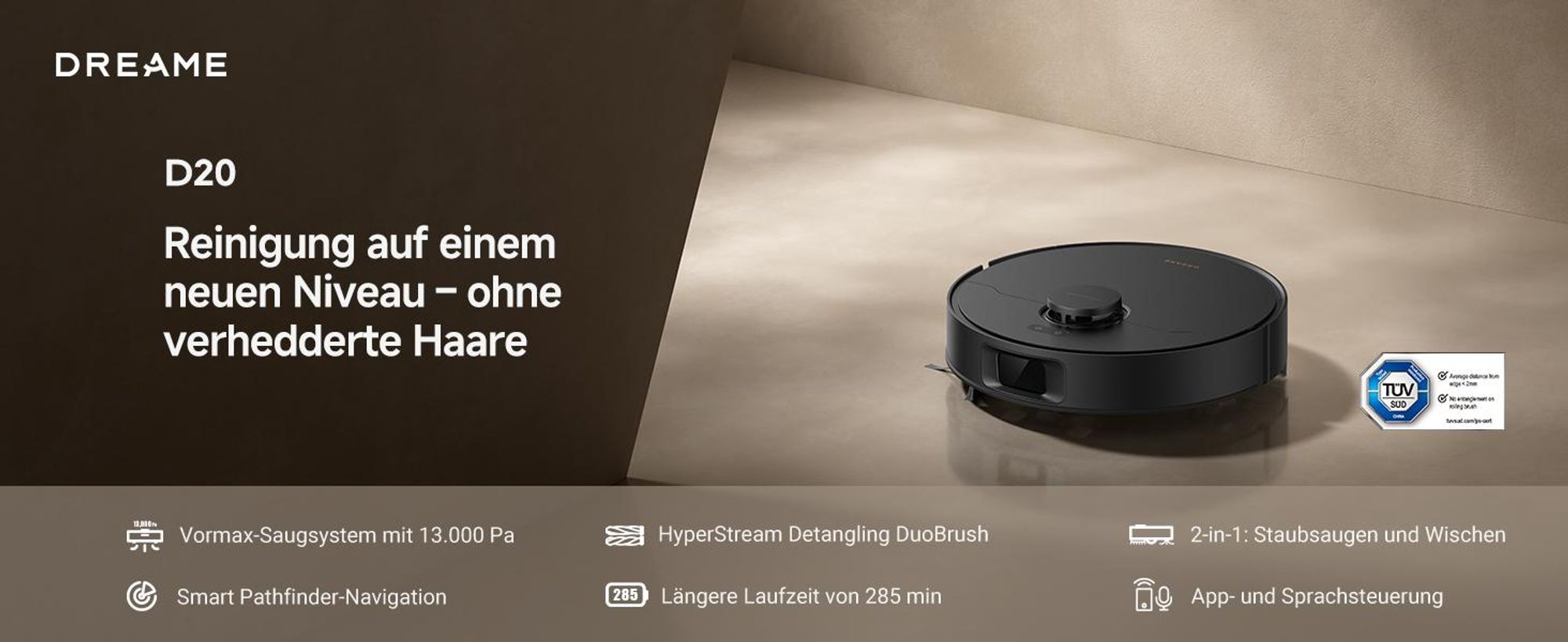 Dreame D20 Roboter Staubsauger mit Wischfunktion,13KPa Saugleistung,LDS-Navigation,2in1,Hartböden&Teppiche,5200mAh,Tierhaare DuoRoller Bürste,Schwarz