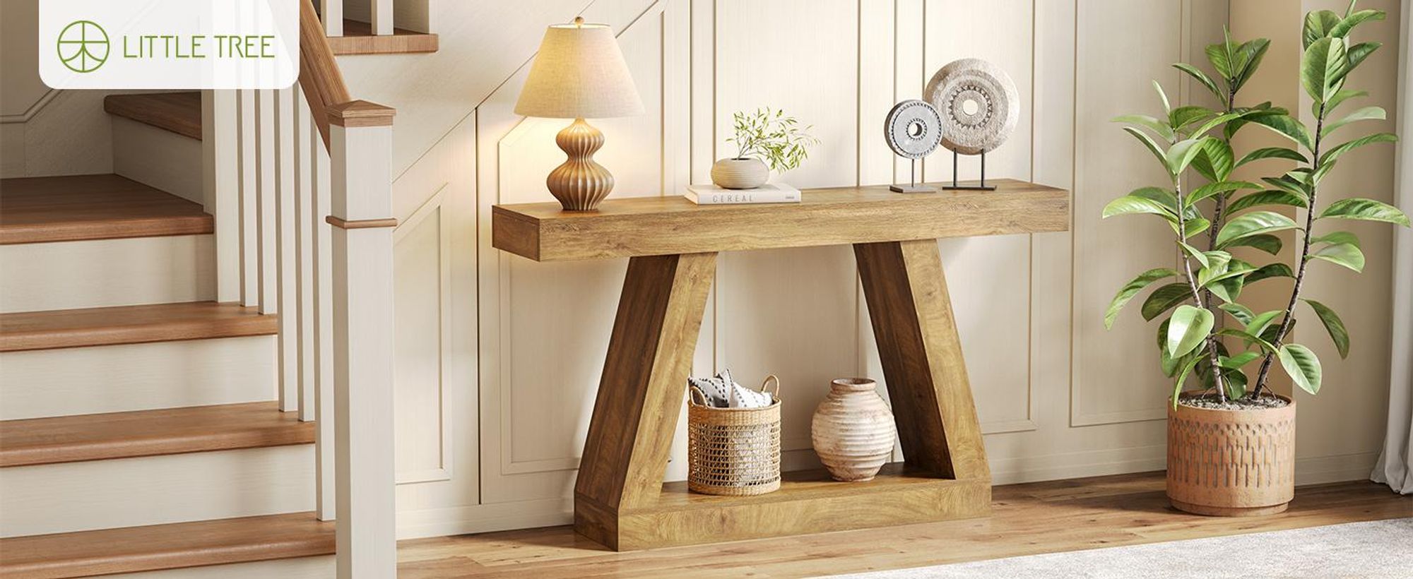LITTLE TREE 140 cm: Salontafel met opbergruimte, console tafel in landelijke stijl voor thuis, rechthoekig houten meubelstuk voor de hal, het kantoor of de gang