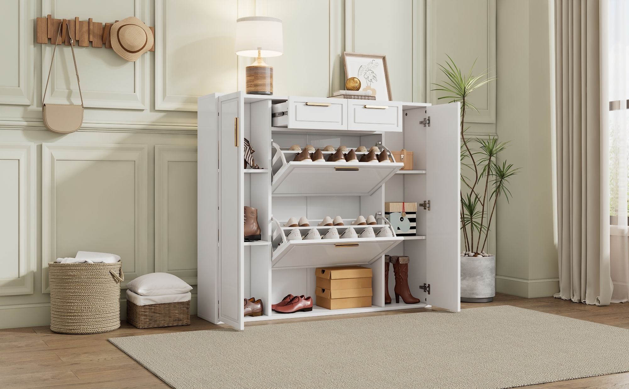Flieks Schuhschrank mit 2 Klappen, 120x24x107 cm, Klappschuhschrank, Schuhkipper mit goldenen Griffen, Schuhkommode für Flur, weiß