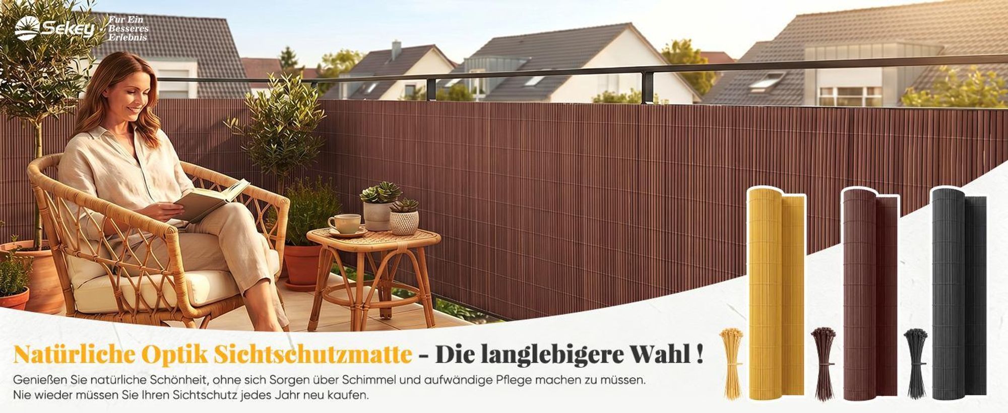 Sekey Balkon Sichtschutz Natürliche Optik Sichtschutzmatte Sichtschutzzaun 90x600cm, Braun