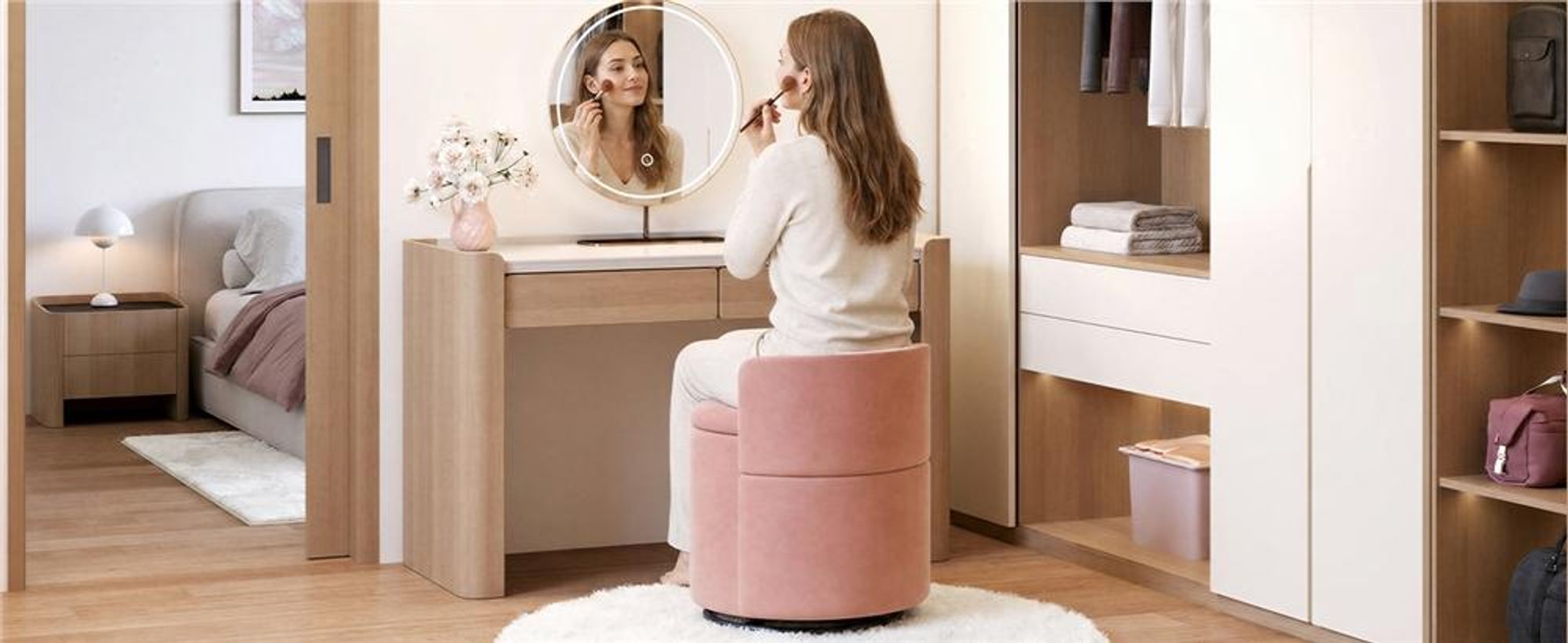 Yaheetech Drehbarer Sitzhocker mit Stauraum 40 L, gepolsterter Schminkhocker, Hocker für Schminktisch, aus Samtbezug, bis 136 kg, Rosa