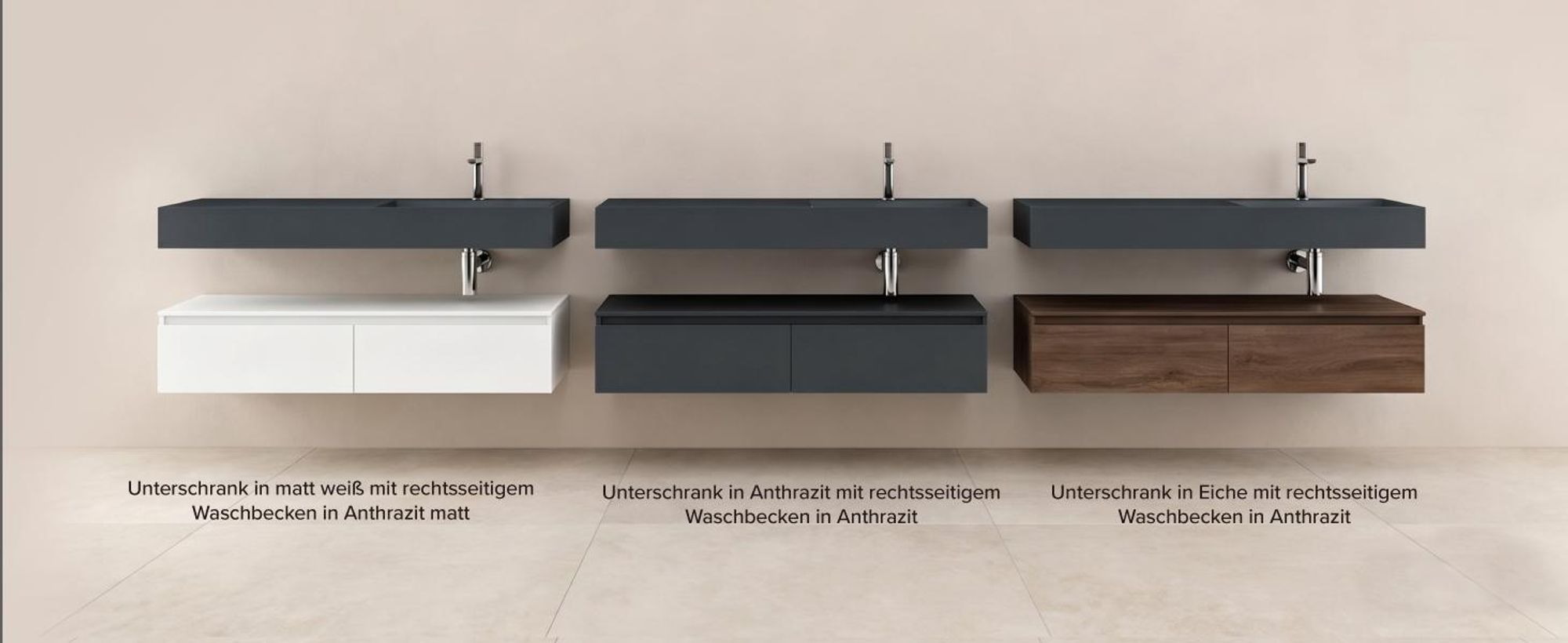 doporro Waschbecken-Unterschrank Badmöbel-Set in matt Anthrazit Design Waschplatz 150x48x25cm Badzimmerschrank inkl. Weiß mattMinralguss-Waschbecken UP