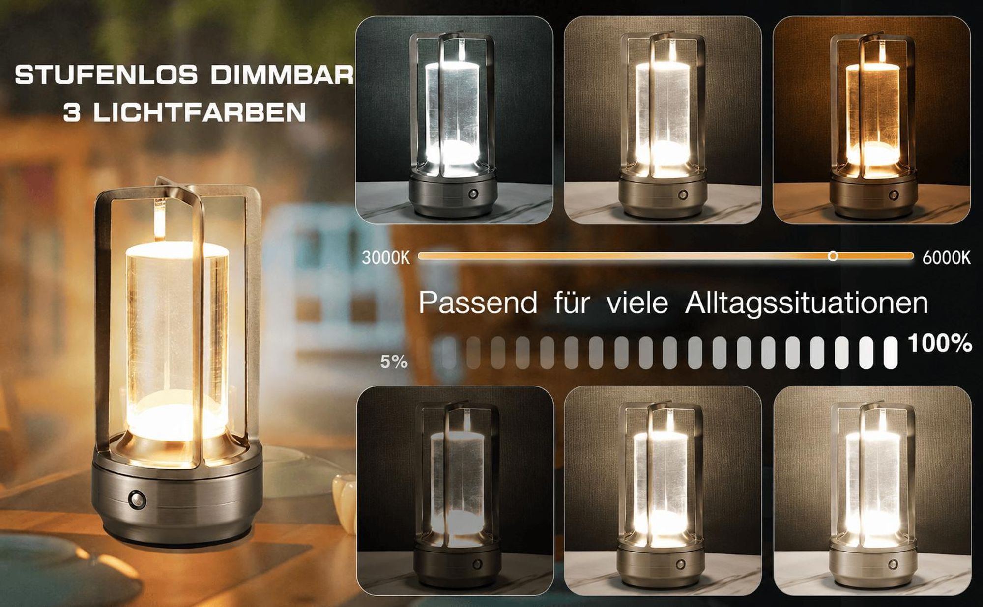 Tragbare Metall-Tischlampe für Innen/Außen, Wiederaufladbare Kabellose LED-Lampe, 3-Farben Stufenlos Dimmbar, Restaurant/Schlafzimmer/Bar/Campinglicht