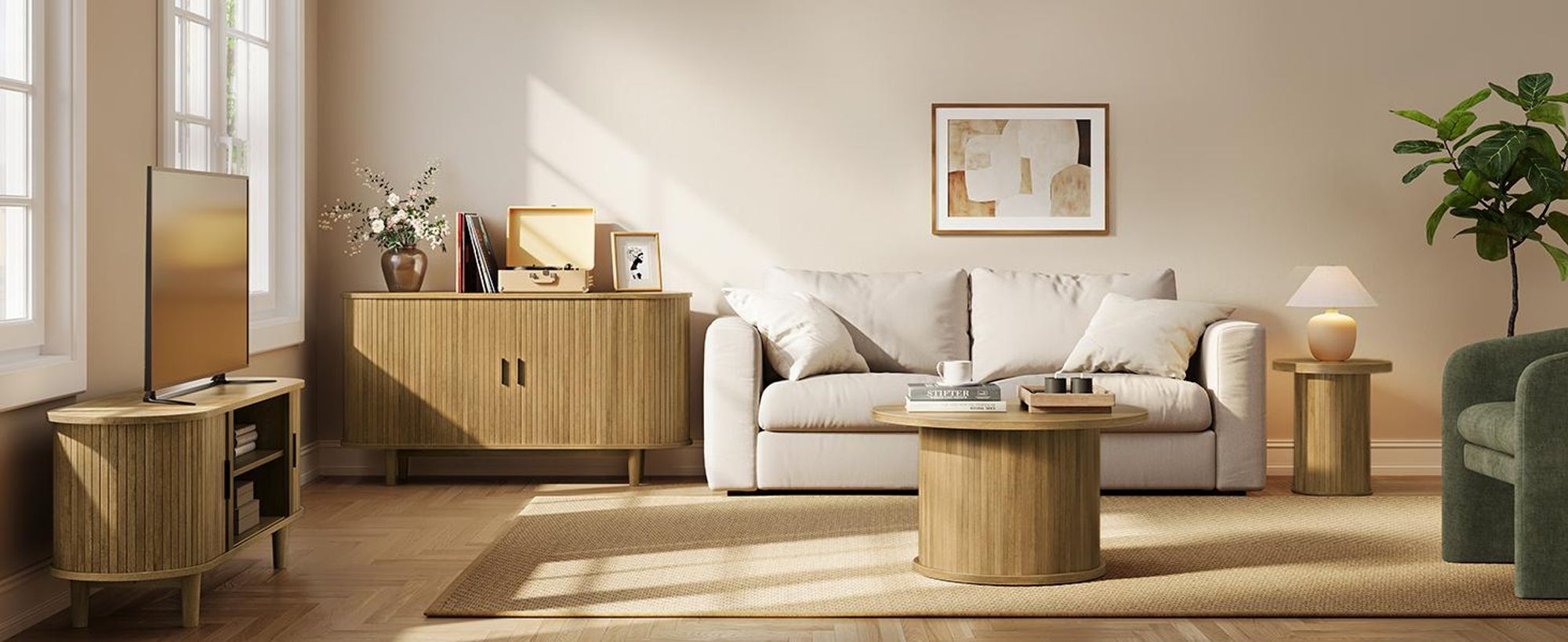Sideboard mit Schiebetüren, Mid-Century Modern Aufbewahrungsschrank, 140 x 40 x 75 cm, Tan
