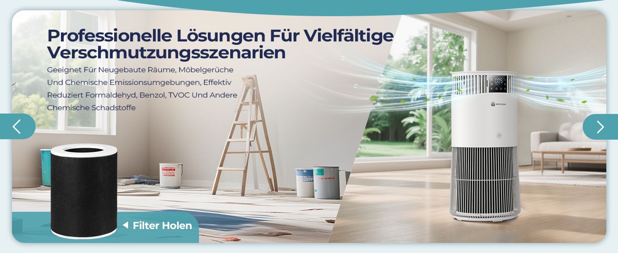 Amicura P2 Luftreiniger für Haustierallergiker, 843m³/h Tierhaarentfernung, 450 CADR - 99% Geruchsneutralisation, H13 Filter, App-Steuerung
