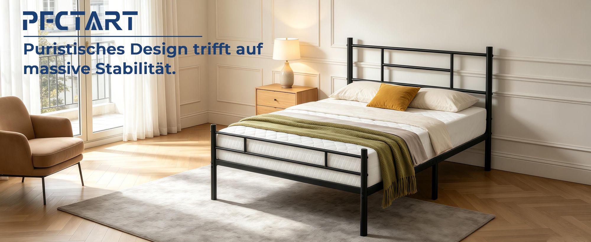 Metallbett Bett Bettgestell 140 x 200 cm, Doppelbettgestell Bettrahmen mit Kopfteil, Schwarz