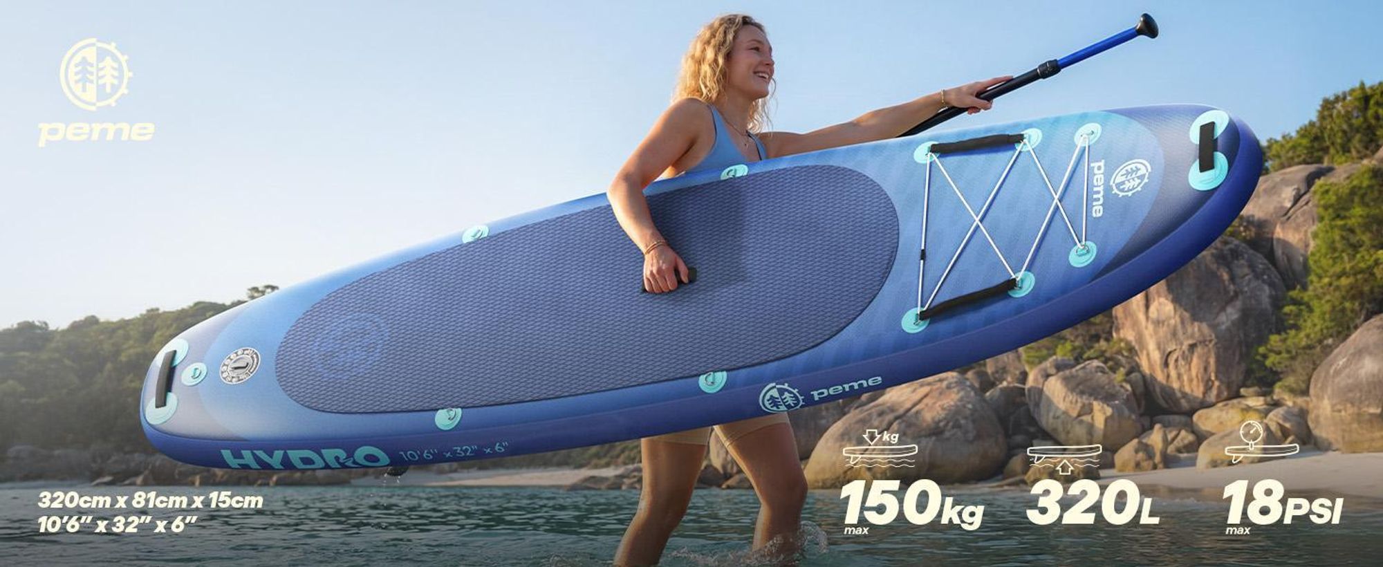 Tavola da stand up paddle PEME - Deep Water - 350 cm - Doppia pagaia e accessori completi, SUP, tavola da surf gonfiabile - Blu