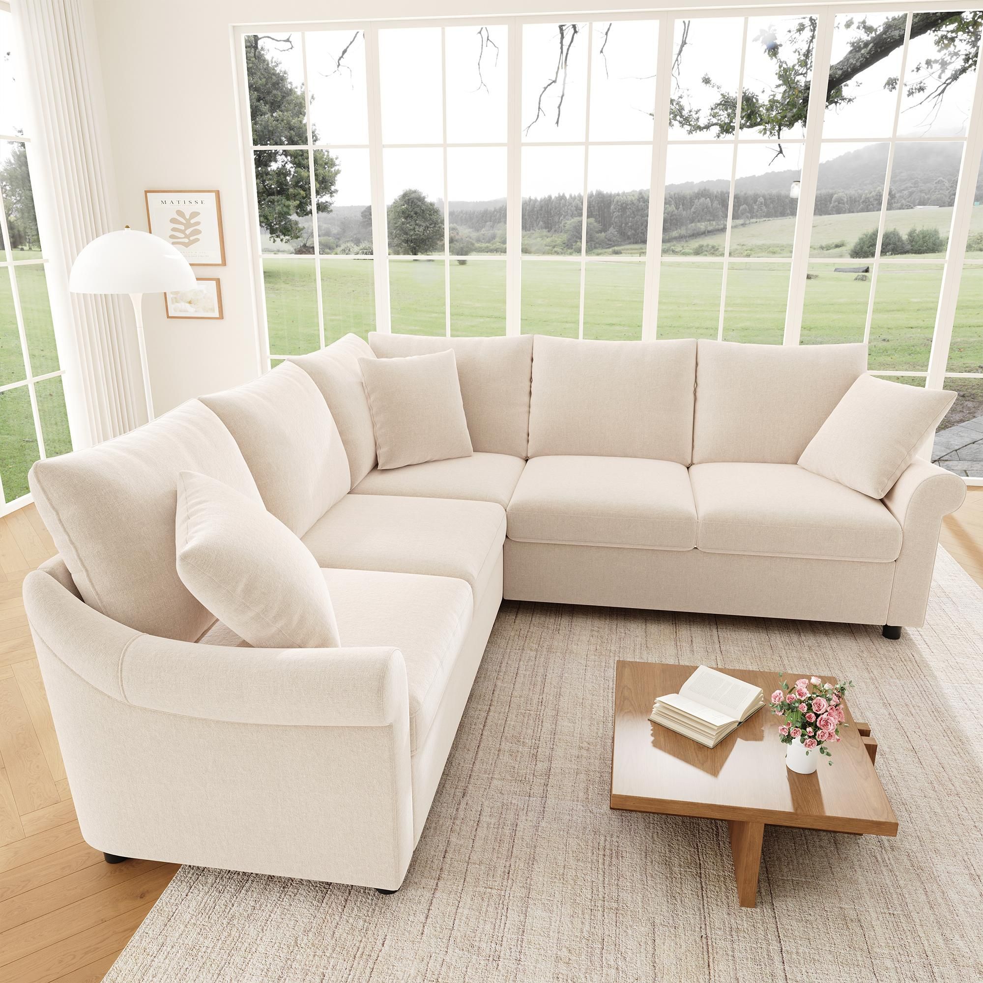 Flieks L-förmiges Ecksofa, Bettsofa mit Schlaffunktion und Bettkasten, 5-Sitzer Sofa, 217 x 217 x 83 cm, Beige, Chenille